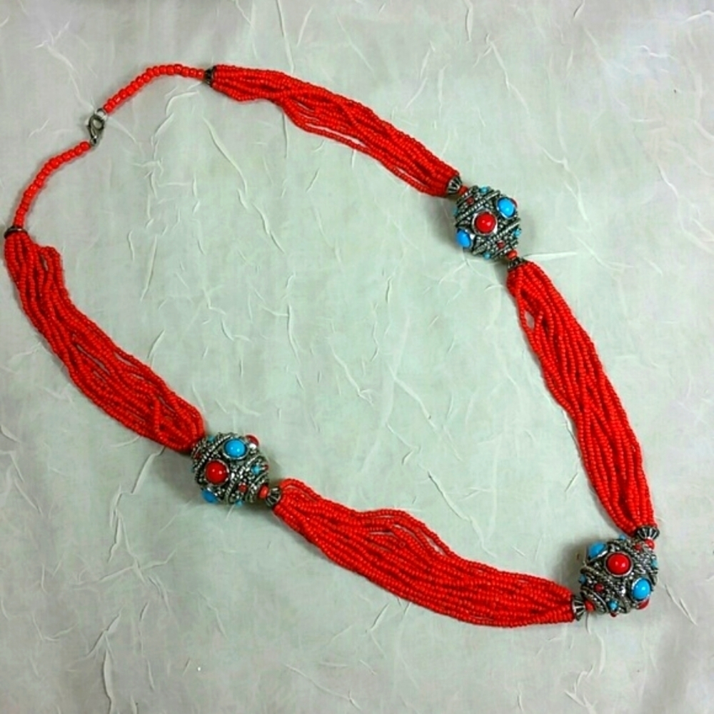 Vintage Red Seed Bead Turquoise Coral Cabochon Statement Necklace Southwestern